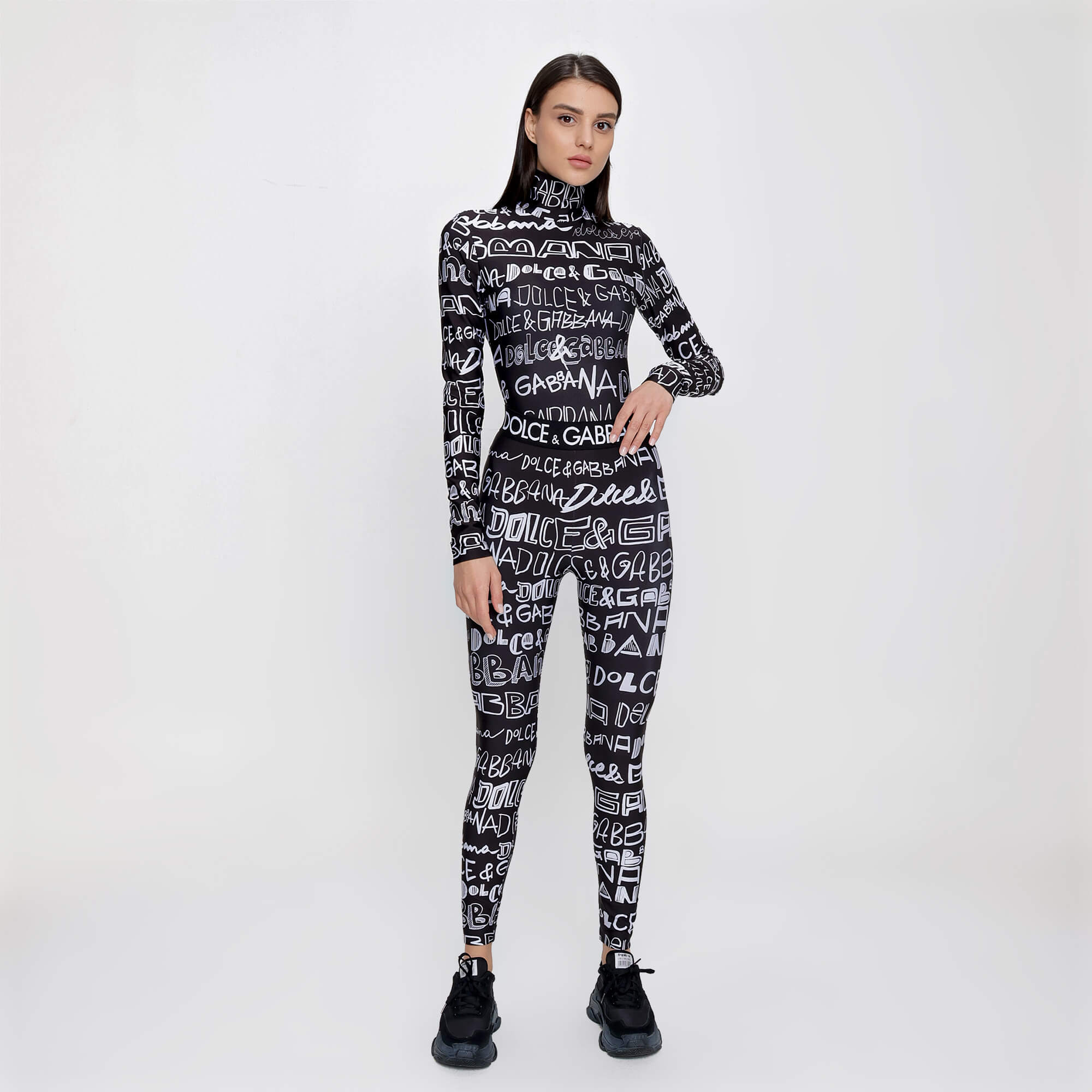 Dolce&Gabbana - Black & White Spandex Jersey DG Graffiti Print Bodysuit & Leggings Set